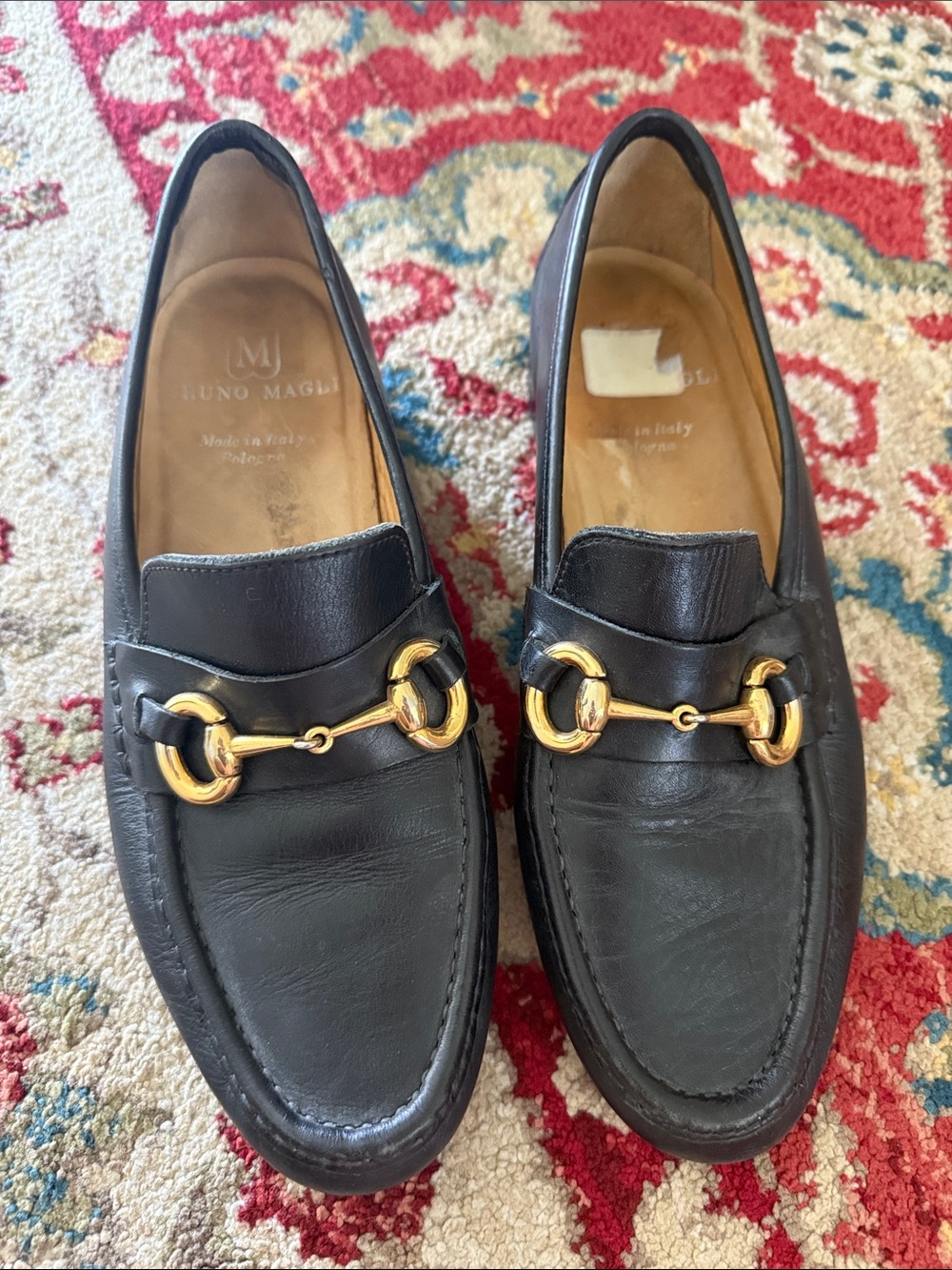Bruno Magli Black Leather Loafers with Gold Horsebit